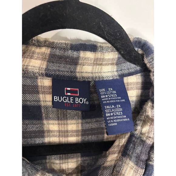 Vintage Bugle Boy Flannel Shirt Navy Cream Plaid 100% Cotton Button-Up 2X - Picture 2 of 3